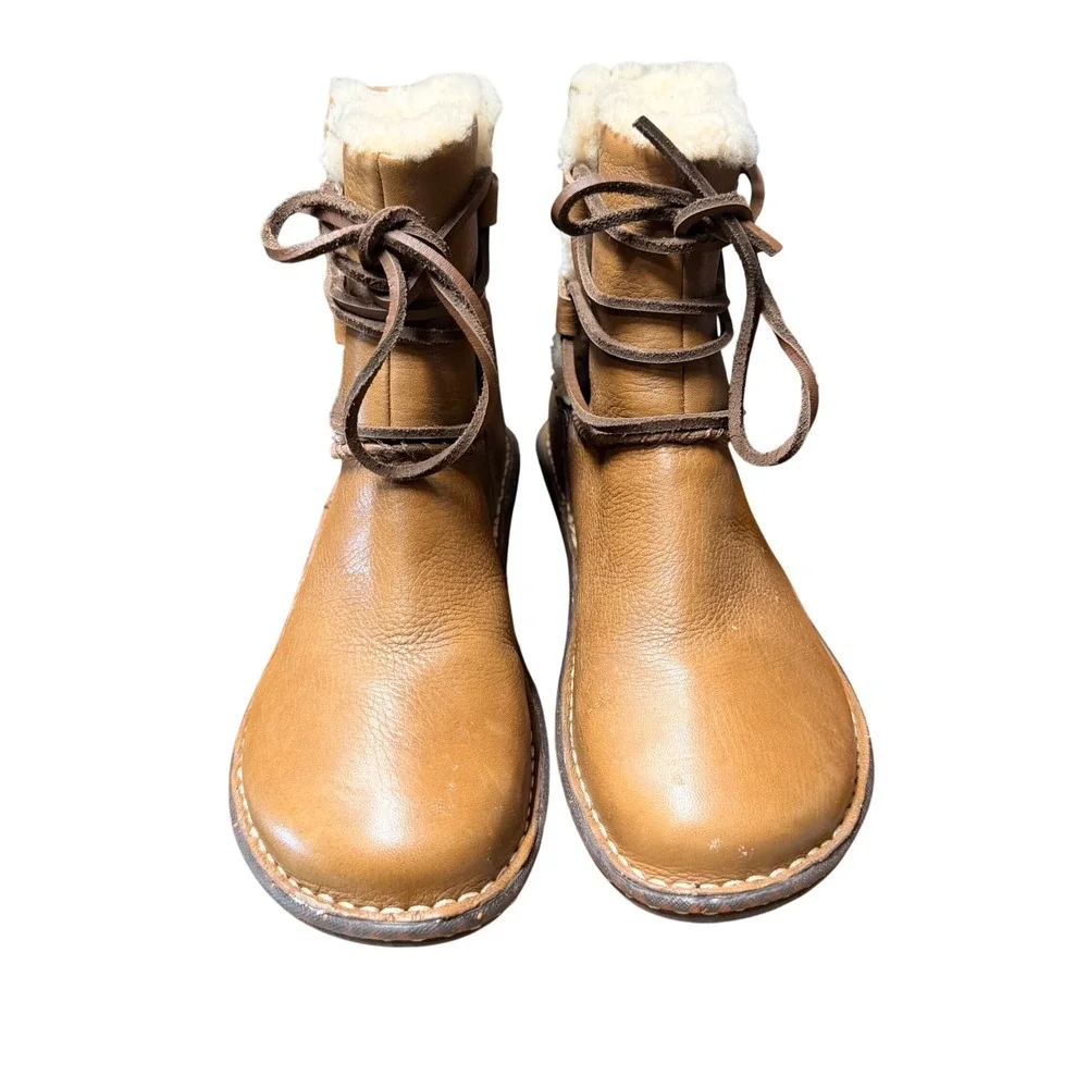 UGG Sunburst Tall Tan Brown Leather Shearling Lace Up Boots 1932 Womens 8